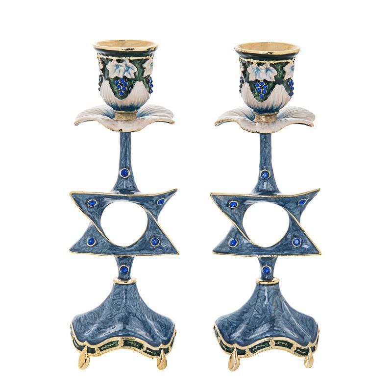 (D) Judaica Jeweled Enamel Candle Stick in Blue and Gold Star of David 8.5''