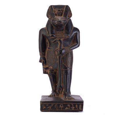 A unique ancient Egyptian statue of Anubis Jackal God of afterlife and mummification standing with jackal head and human body. Handmade in Egypt from Basalt stone