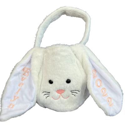 Personalized Easter Basket for Kids - Bunny Bucket with Name Embroidered - Egg Hunt Gathering Tote (White)