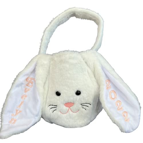 Personalized Easter Basket for Kids - Bunny Bucket with Name Embroidered - Egg Hunt Gathering Tote (White)