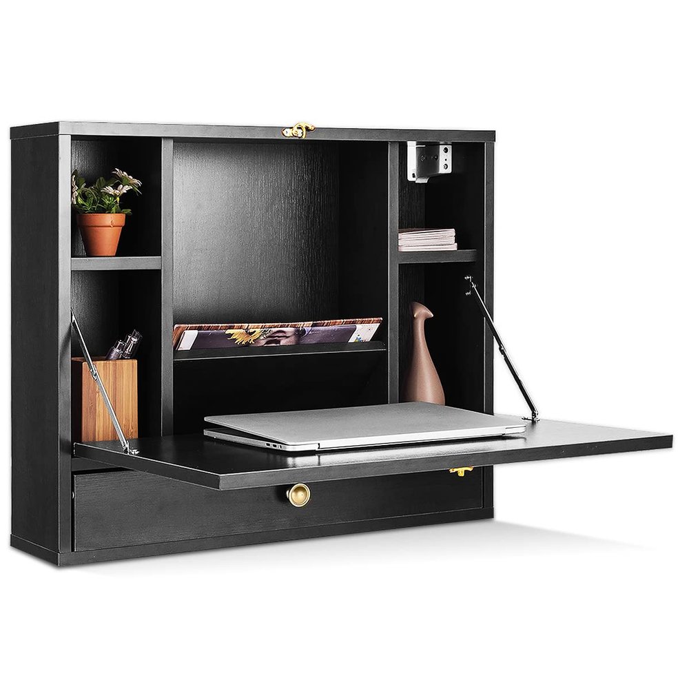 TANGZON Wall Mounted Table, Folding Drop Leaf Computer Desk with Storage Compartments and Drawer, Multifunctional Desk Workstation for Home and Office (Black)