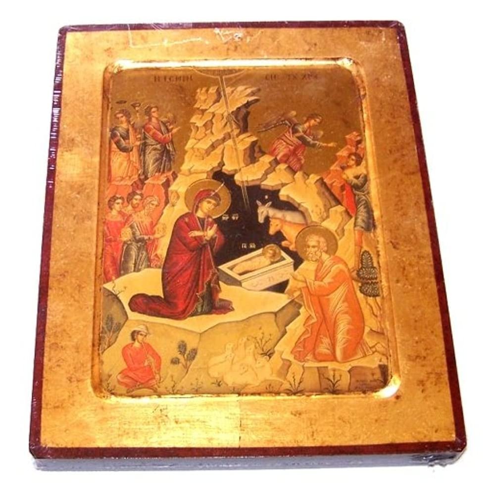 Holy Land Market Nativity of Our Lord Icon with Sheets of Gold (Lithography) (3 x 2.5 Inches)