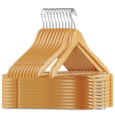 20 Pack Premium Wooden Suit Hangers - Smooth Natural Finish Heavy Duty Wood Coat Hangers - 360 Swivel Hook and Notches Clothes Hangers with Non Slip Pants Bar for Shirt, Jacket, Pant, Dress Hangers