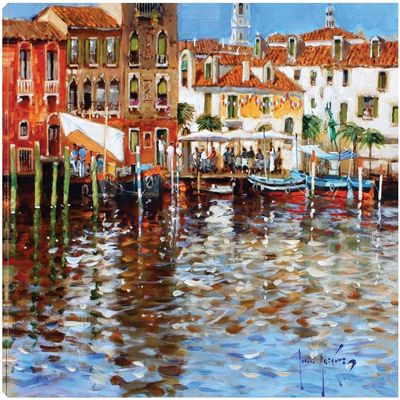 Fine Art Canvas Lunch In Venice Canvas Wall Decor by Artist John Haskins for Living Room, Bedroom, Bathroom, Kitchen, Office, Bar, Dining & Guest Room - Ready to Hang - 20 in x 15 in