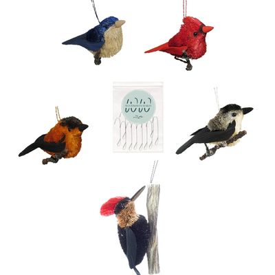 Buri Bird Ornaments with Hooks, Set of 5 Ornaments