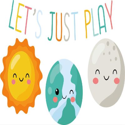 Let's Just Play with Sun Earth and Moon Happy and Creative Design for Kid's Playroom Vinyl Wall Decal - Entrance Banner Phrase for Kid's Playhouse Room Wall Decoration 36" x 22"