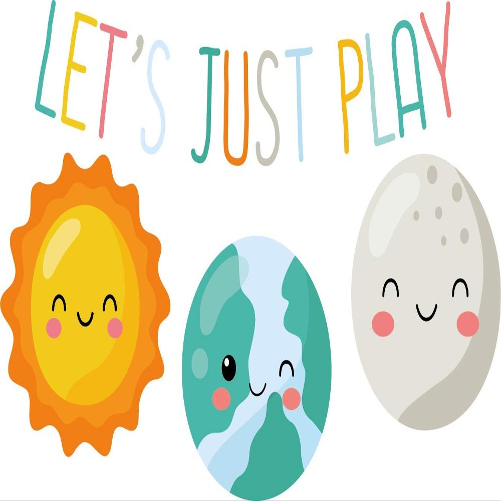 Let's Just Play with Sun Earth and Moon Happy and Creative Design for Kid's Playroom Vinyl Wall Decal - Entrance Banner Phrase for Kid's Playhouse Room Wall Decoration 36" x 22"