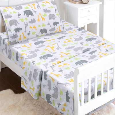 100 Cotton 3 Piece Toddler Sheet Set, Soft Breathable Crib Bedding Set for Boys Includes a Flat Sheet, a Fitted Sheet, a Pillowcase, Safari Fun Animals Elephant Giraffe Hippo Grey