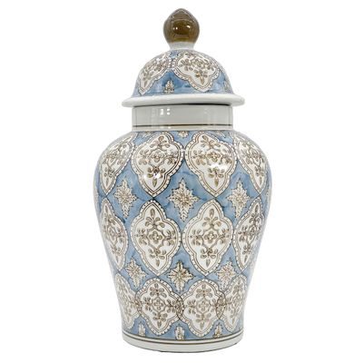 Galt International Light Blue & Brown Hand Painted Mosaic Ceramic Ginger Jar 18" with Lid Porcelain Chinoiserie Temple Jar Vase Kitchen Home Decor for Interior Design