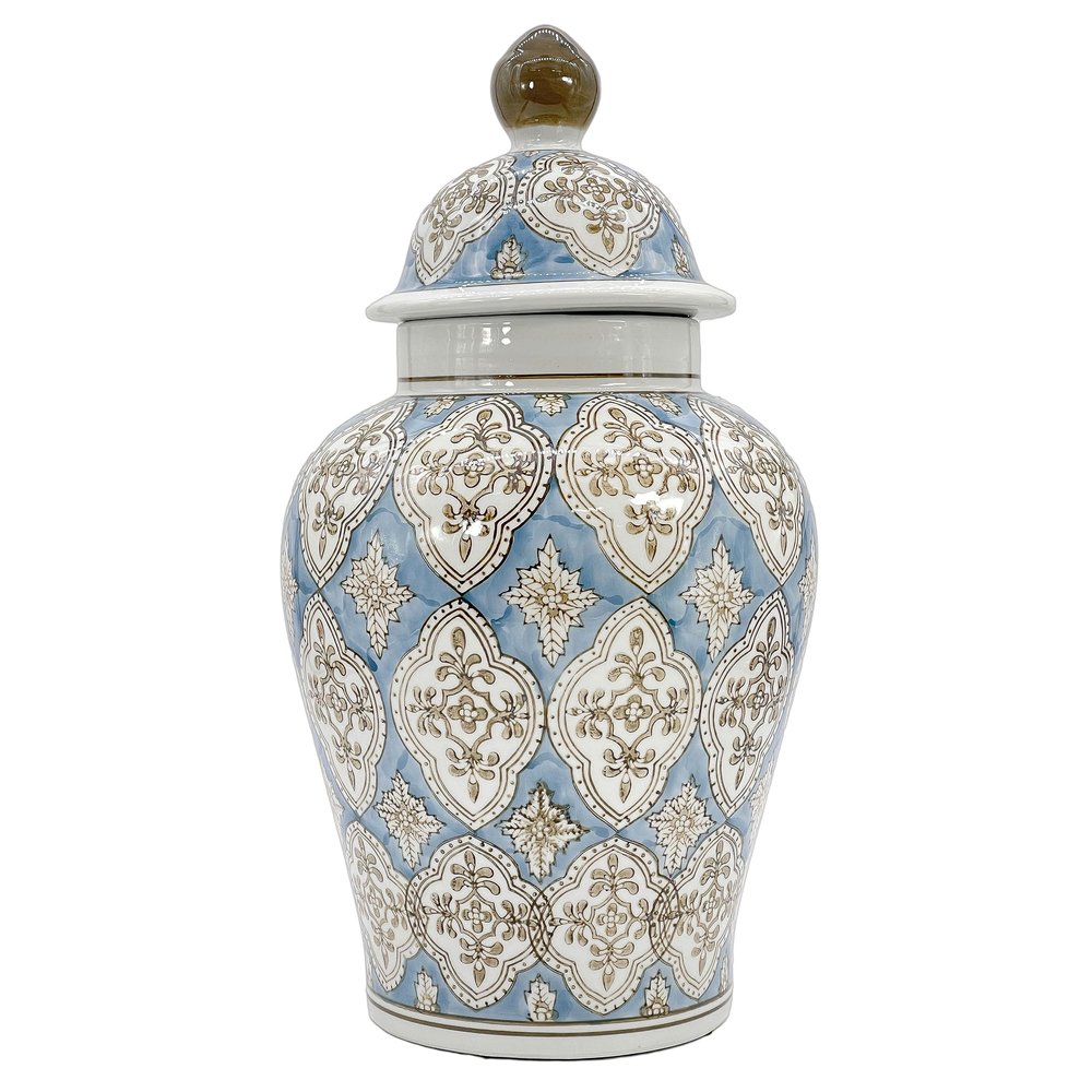 Galt International Light Blue & Brown Hand Painted Mosaic Ceramic Ginger Jar 18" with Lid Porcelain Chinoiserie Temple Jar Vase Kitchen Home Decor for Interior Design