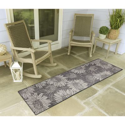 Liora Manne Carmel Indoor/Outdoor Power Loomed Synthetic Blend Low Profile Area Rug - Transitional Botanical Floral Decorative (Sunflower Field Black) (1'11" x 7'6")