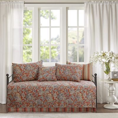 Cozy Line 6 Piece Daybed Set- Copper Orange Vintage Floral Paisley Stripe Printed Reversible Cotton Bedding with Bedskirt, Matching Shams, Decorative Pillow