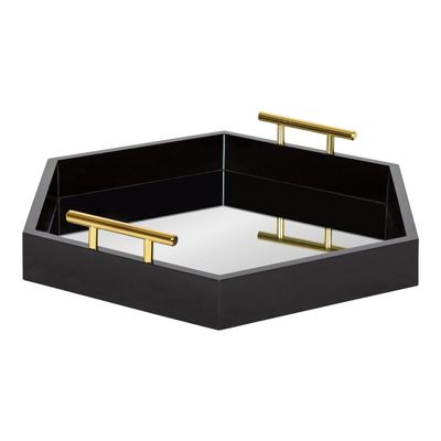 Kate and Laurel Lipton Modern Hexagon Mirrored Tray; 18 x 18; Black and Gold; Midcentury Decorative Serving Tray for Storage and Display