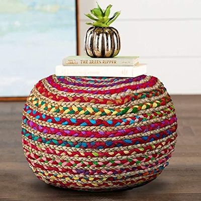 Agro Richer Home Dcor Braided Cotton Chindi Jute Pouf Ottoman Footrest Bean Bag, Floor Chair Great for The Living Room, Bedroom and Kids Room Rustic Farmhouse Decor Multicolor (Cover Only) 20x20x14