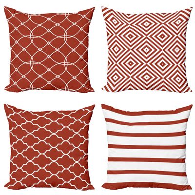 Ambesonne Modern Throw Pillow Cushion Case Pack of 4, Minimalist Quatrefoil Nested Squares Stripes Oriental Circle Mesh Pattern, Modern Accent Double-Sided Digital Printing, 20", Vermilion and White
