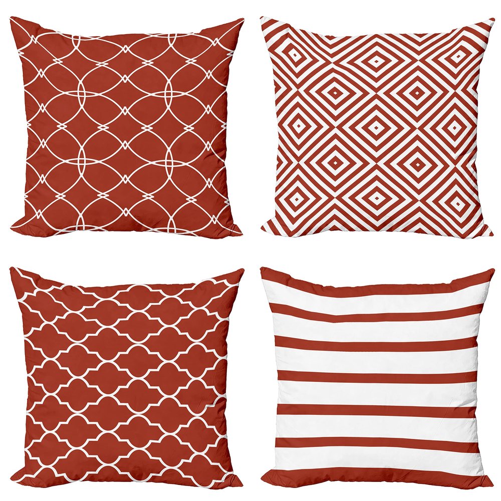 Ambesonne Modern Throw Pillow Cushion Case Pack of 4, Minimalist Quatrefoil Nested Squares Stripes Oriental Circle Mesh Pattern, Modern Accent Double-Sided Digital Printing, 20", Vermilion and White