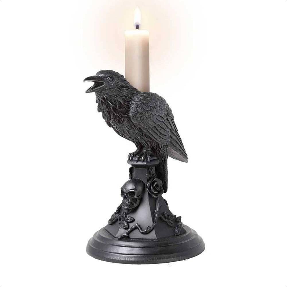 Alchemy Poe's Raven Candle Stick, Occult Dark Gothic Home Decor Accessory, Black Resin Candle Holder