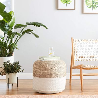 Agro Richer Home Dcor Braided White Cotton Jute Pouf Ottoman Footrest Bean Bag, Floor Chair Great for The Living Room, Bedroom and Kids Room Rustic Farmhouse Deco (Cover Only) 20x20x20