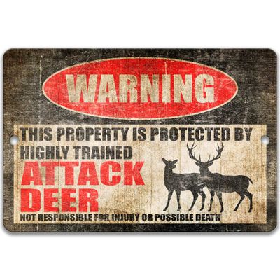 Attack Deer Protected Property Sign, Funny Cabin Warning Sign, Metal Barn Sign, Beware Attack Deer