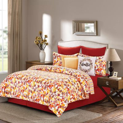 C&F Home Cordelia Full/Queen 3 Piece Reversible Coverlet Quilt Set with 2 Standard Shams Quilt Set Vibrant Fall Leaves Watercolor White Background Reversible Orange and Red Stripes Full/Queen 3 Piece