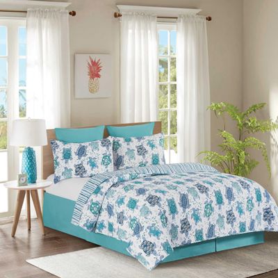 C&F Home Turtle Bay Full/Queen 3 Piece Reversible Coverlet Quilt Set with 2 Standard Shams Quilt Set White Blue Teal Beach Coastal Nautical Reverse to Stripes Full/Queen 3 Piece Set Blue