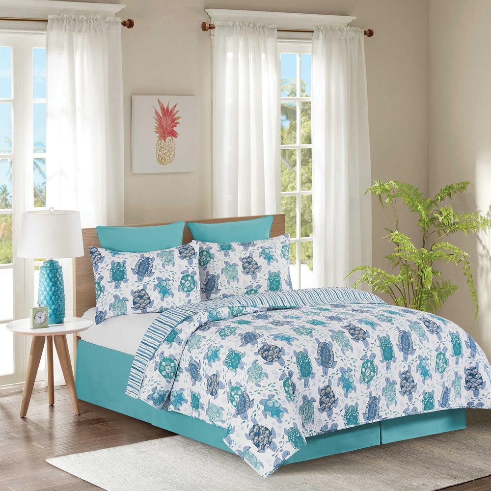 C&F Home Turtle Bay Full/Queen 3 Piece Reversible Coverlet Quilt Set with 2 Standard Shams Quilt Set White Blue Teal Beach Coastal Nautical Reverse to Stripes Full/Queen 3 Piece Set Blue