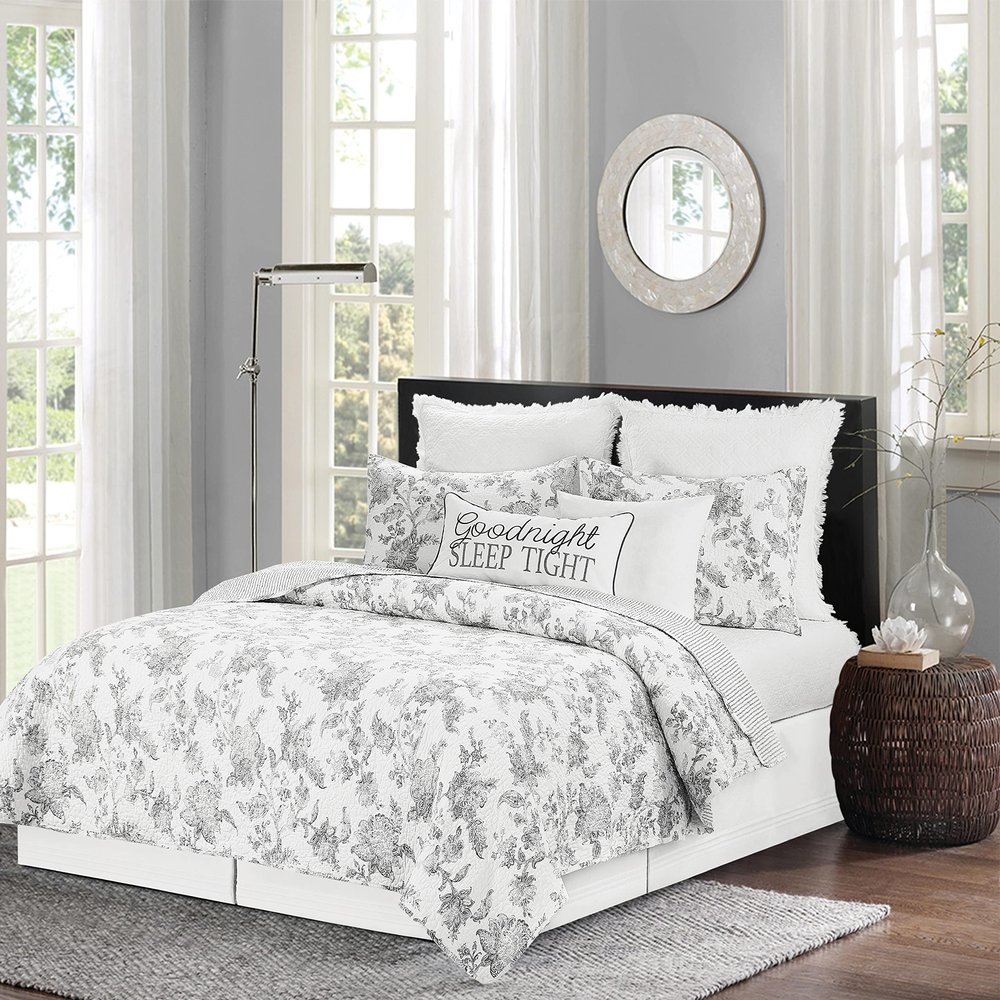 C&F Home Miriam Slate Full/Queen 3 Piece Reversible Coverlet Quilt Set With 2 Standard Shams Quilt Set Grey And White Toile Floral Elegant Reverse To Grey And White Stripe Full/Queen 3 Piece Set Slate