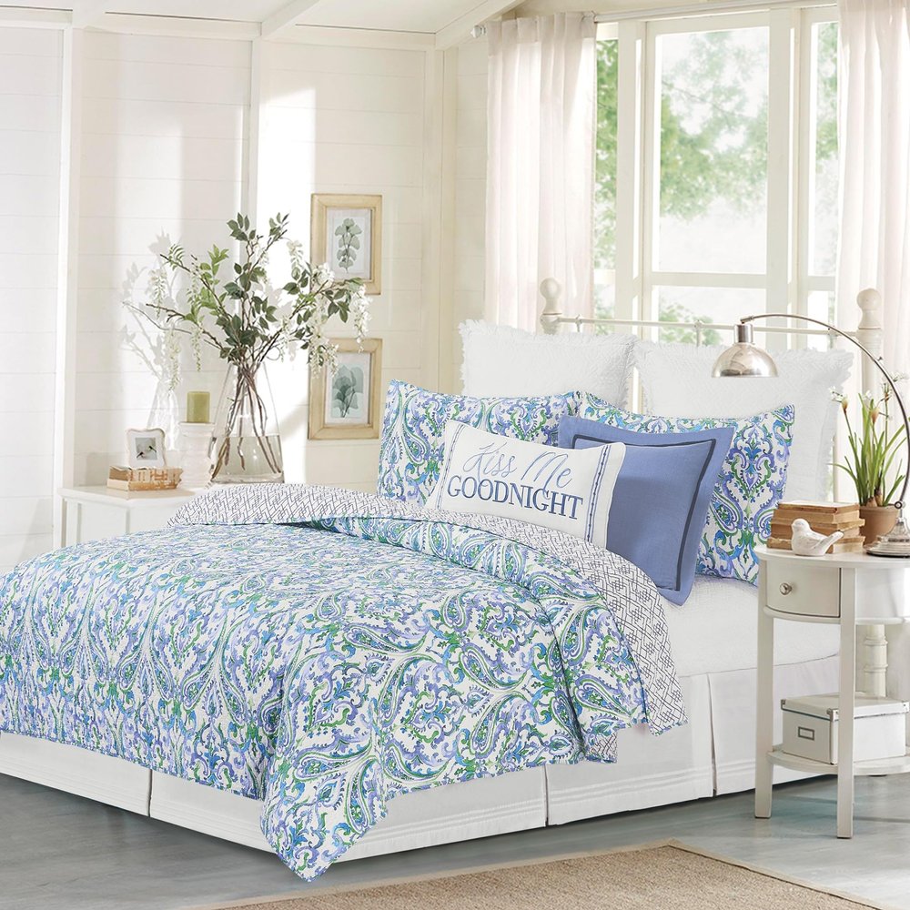 C&F Home Juliet Twin 2 Piece Reversible Coverlet Quilt Set with 1 Standard Sham Quilt Set Blue Green White Paisley Pattern Bright Colorful Revers to Blue and White Trellis Pattern Twin 2 Piece Set