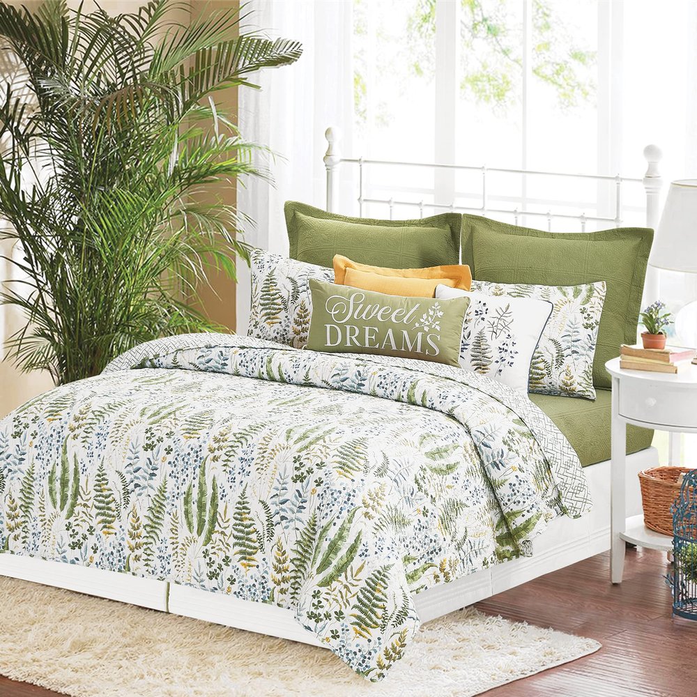 C&F Home Cecil Twin 2 Piece Reversible Coverlet Quilt Set with 1 Standard Sham Quilt Set White and Green Botanical Watercolor Fern and Plants Geometric Reverse Twin 2 Piece Set Green