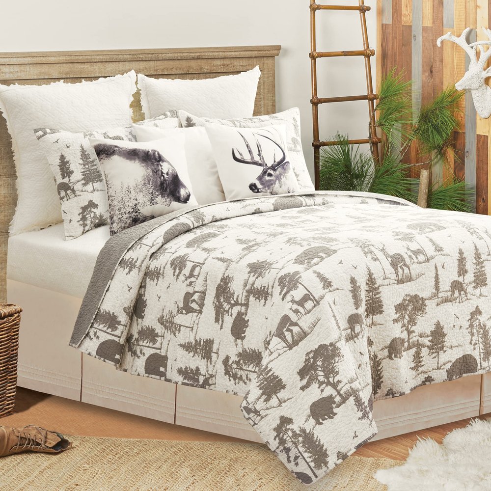 C&F Home Henderson Hideaway Twin 2 Piece Reversible Coverlet Quilt Set with 1 Standard Sham Quilt Set Grey and White Rustic Wilderness Pattern Bear Trees Lodge Cabin Rustic Reverse to Solid Grey Twin