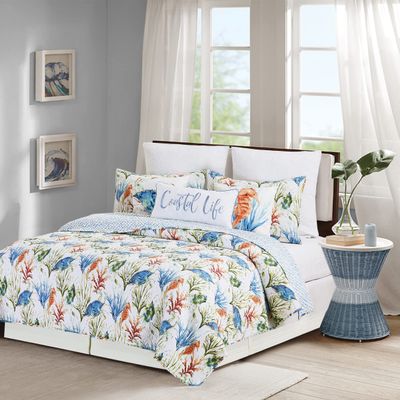 C&F Home Marino Twin 2 Piece Reversible Coverlet Quilt Set with 1 Standard Sham Quilt Set Nautical Beach Ocean Watercolor Colorful Reverse to Blue and White Trellis Twin 2 Piece Set Blue