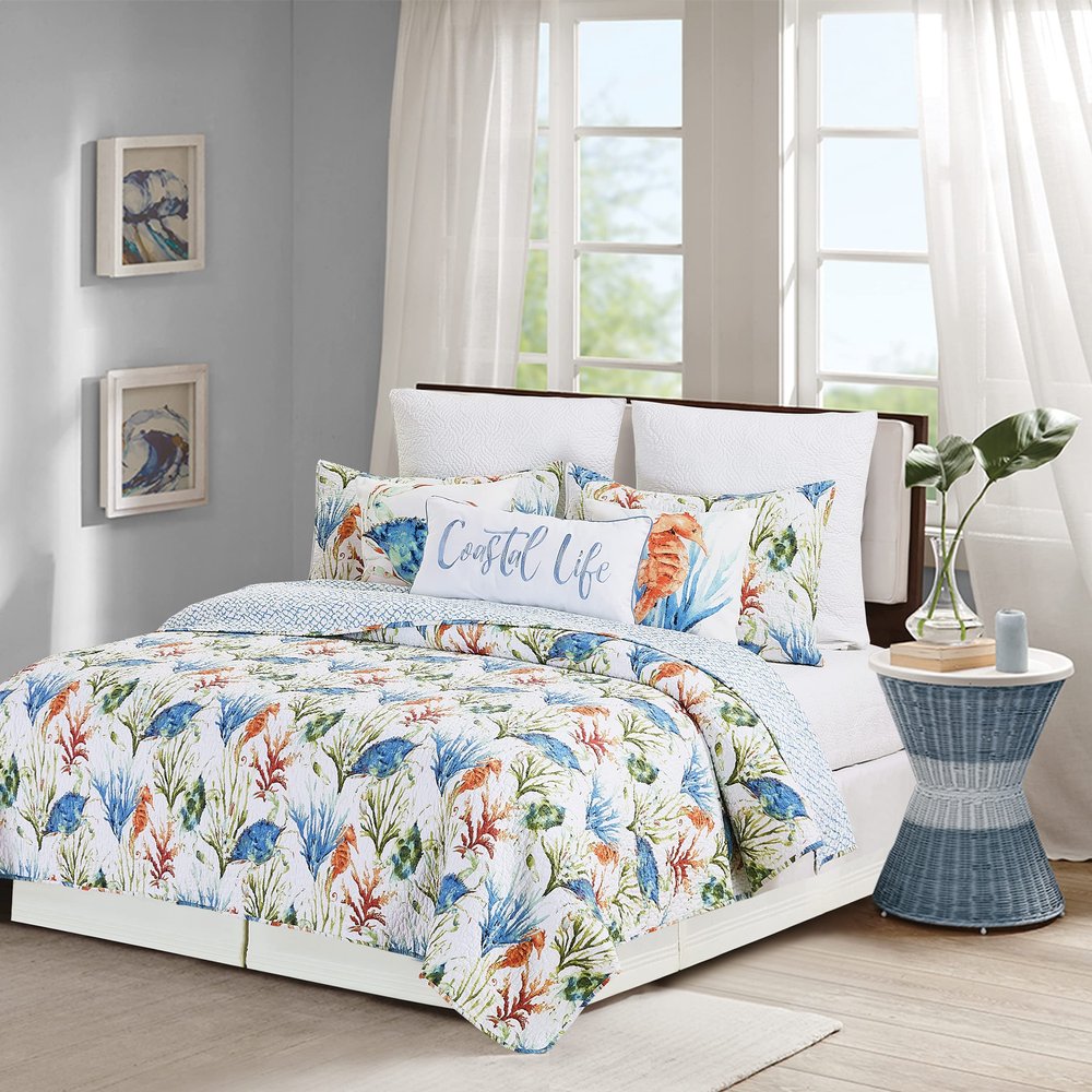 C&F Home Marino Twin 2 Piece Reversible Coverlet Quilt Set with 1 Standard Sham Quilt Set Nautical Beach Ocean Watercolor Colorful Reverse to Blue and White Trellis Twin 2 Piece Set Blue