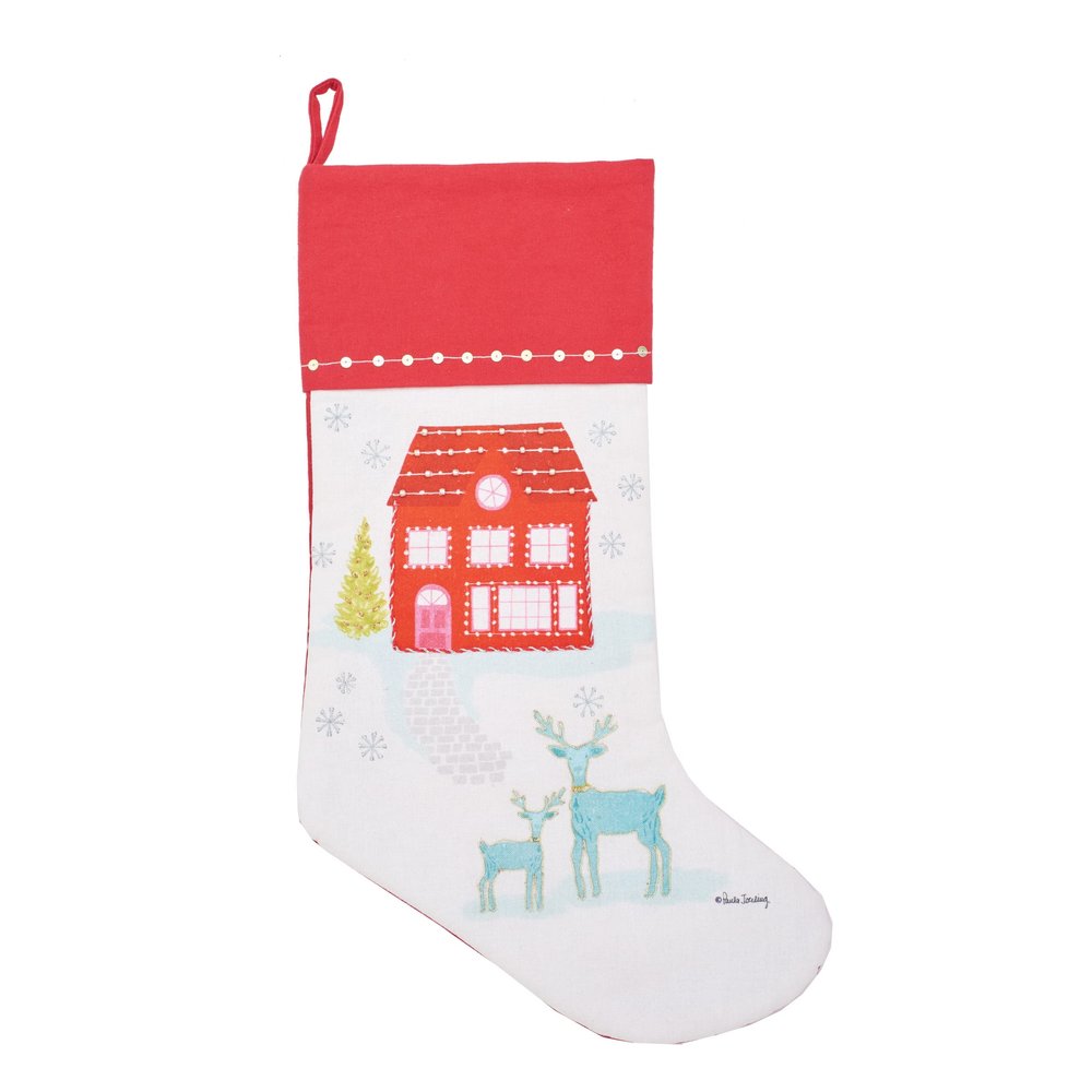 C&F Home 8.5" x 20" Red House & Deer Printed Hanging Large Christmas Stocking Xmas Winter Holidays Home Living Room Fireplace Mantle Cotton Gift Stocking Stuffer Seasonal Decor Decoration Red