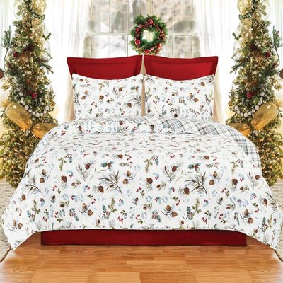 C&F Home Edith Full/Queen 3 Piece Reversible Coverlet Quilt Set with 2 Standard Shams Quilt Set Winter Holly Botanical Watercolor Plaid Blue and Red Reverse Full/Queen 3 Piece Set White
