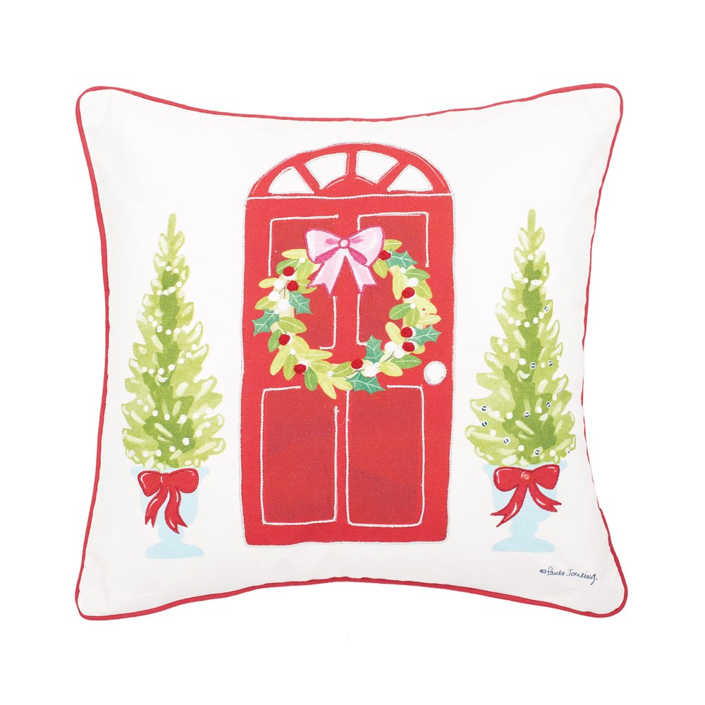 C&F Home Door Wreath Printed & Embellished Throw Pillow 18" x 18" 18" x 18" Red