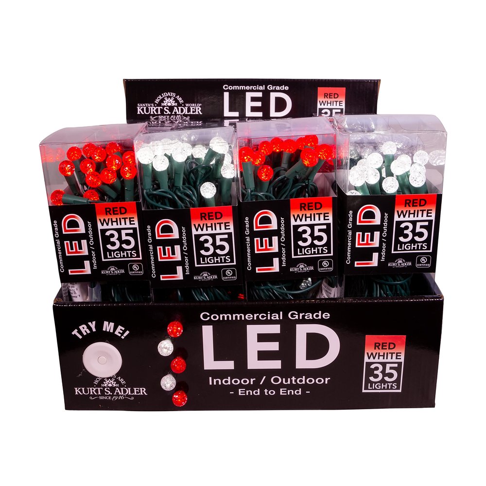 Kurt S. Adler UL 35-Light Red and White G12 Frosted Green Wire LED Light Set