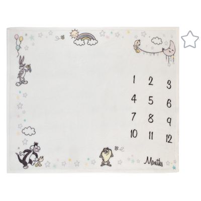 Warner Brothers Looney Tunes Best Buds White with Pastel Blue, Pink, and Yellow Bugs Bunny, Tweety, Tasmanian Devil, and Sylvester The Cat Milestone Blanket