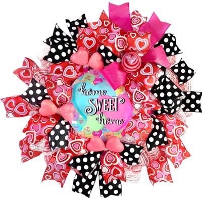 Handmade Valentines Day Deco Mesh Conversation Sweethearts Home Sweet Home Wreath for Front Door Outside Decorations