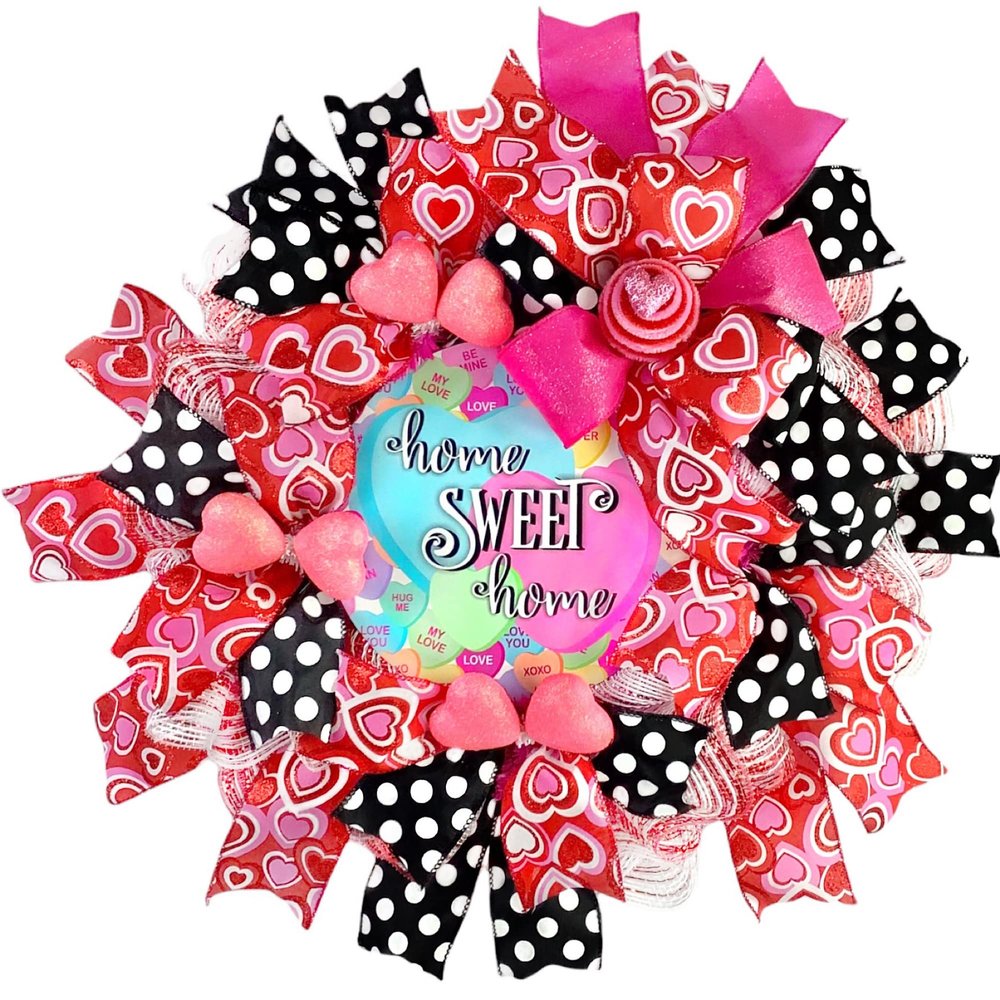 Handmade Valentines Day Deco Mesh Conversation Sweethearts  Home Sweet Home Wreath for Front Door Outside Decorations