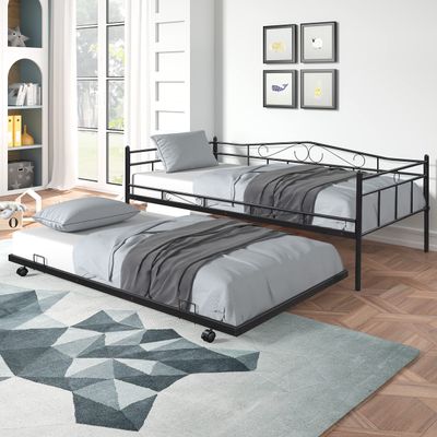 Anwick Daybed with Pop Up Trundle, Metal Daybed with Trundle/Mattress Foundation with Steel Slat Support/Easy Assembly, Twin