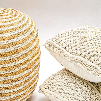 Agro Richer Home Dcor Round Jute Pouf Ottoman Footrest Bean Bag, Floor Chair for The Living Room, Bedroom and Kids Room Rustic Farmhouse Decor (Cover Only) 18x18x14 (18x18x14, Natural Beige+Ivory)