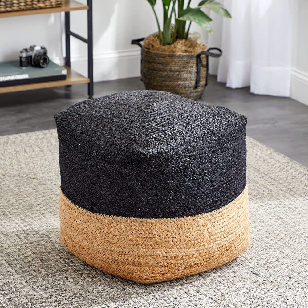 Agro Richer Square Cube Jute Pouf Bean Bag, Floor Chair Great for The Living Room, Bedroom and Kids Room Rustic Farmhouse Decor Ottoman Footrest(Cover Only) 18x18x18 (18x18x18, Black+Natural)