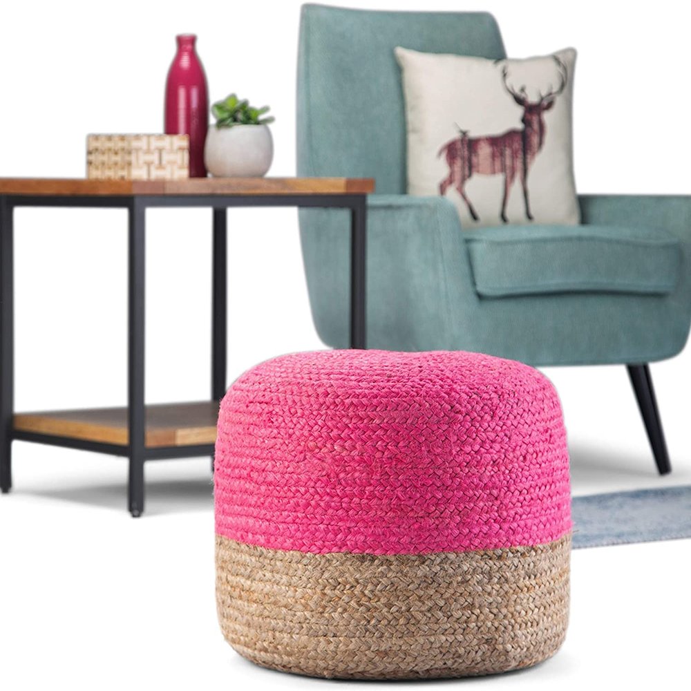 Agro Richer Home Dcor Round Jute Pouf Ottoman Footrest Bean Bag, Floor Chair Great for The Living Room, Bedroom and Kids Room Rustic Farmhouse Decor (Cover Only) 18x18x14 (18x18x14, Pink, Natural)