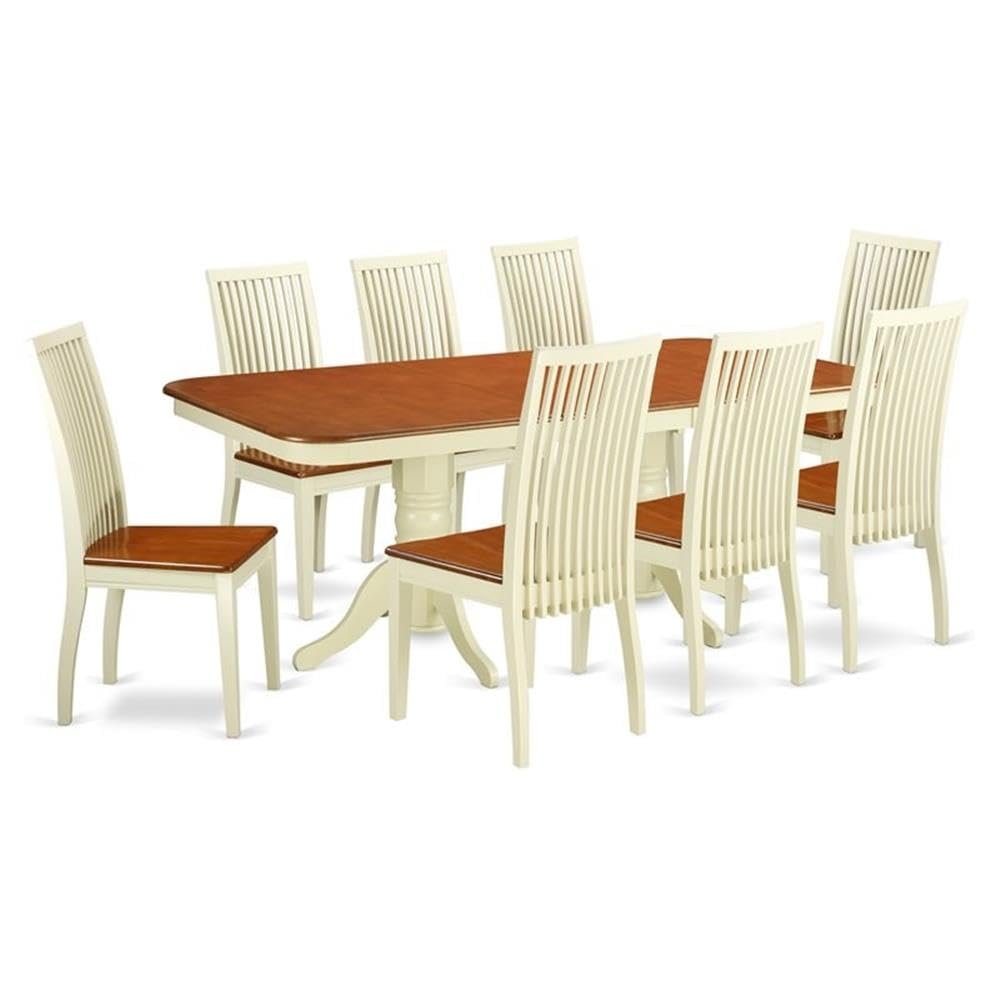 9 Pc Dining Room Set for 8 People, Self Storage Butterfly Leaf Extendable Rectangle Dining Table with Pedestal Legs and 8 Wooden Seat Dining Chairs for Kitchen Dining Room, in Buttermilk and Cherry
