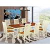 9 Pc Dining Room Set for 8 People, Self Storage Butterfly Leaf Extendable Rectangle Dining Table with Pedestal Legs and 8 Wooden Seat Dining Chairs for Kitchen Dining Room, in Buttermilk and Cherry view 2