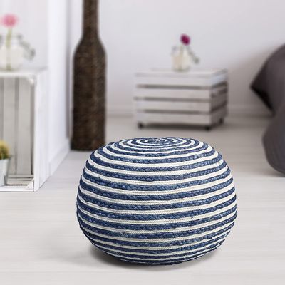 Agro Richer Home Dcor Round Jute Pouf Ottoman Footrest Bean Bag, Floor Chair Great for The Living Room, Bedroom and Kids Room Rustic Farmhouse Decor 20x20x14 (Cover Only) (20x20x14, Blue+Ivory)