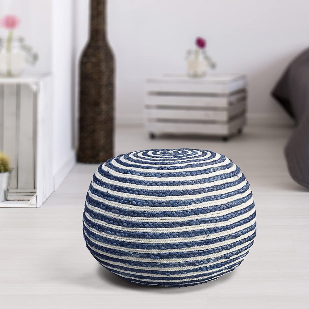 Agro Richer Home Dcor Round Jute Pouf Ottoman Footrest Bean Bag, Floor Chair Great for The Living Room, Bedroom and Kids Room Rustic Farmhouse Decor 20x20x14 (Cover Only) (20x20x14, Blue+Ivory)