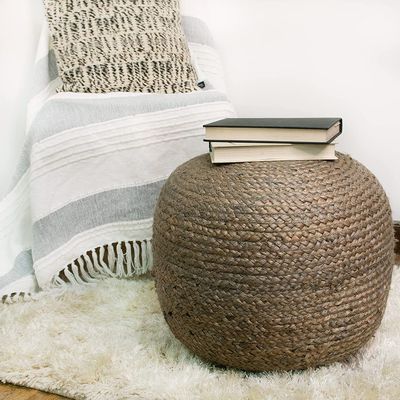 Agro Richer Home Dcor Braided Round Jute Pouf Ottoman Footrest Bean Bag, Floor Chair Great for The Living Room, Bedroom and Kids Room Rustic Farmhouse Decor (Cover Only) 18x18x14 (18x18x14, Grey)