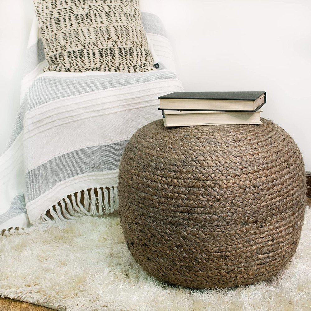 Agro Richer Home Dcor Braided Round Jute Pouf Ottoman Footrest Bean Bag, Floor Chair Great for The Living Room, Bedroom and Kids Room Rustic Farmhouse Decor (Cover Only) 18x18x14 (18x18x14, Grey)