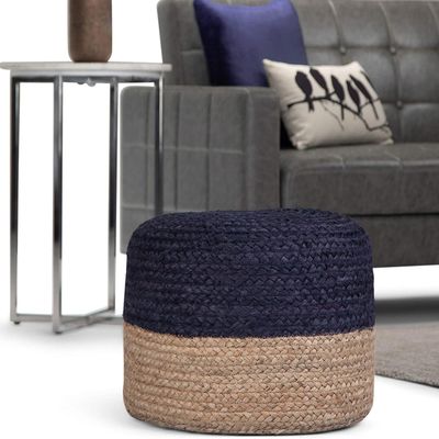 Agro Richer Home Dcor Round Jute Pouf Ottoman Footrest Bean Bag, Floor Chair Great for The Living Room, Bedroom and Kids Room Rustic Farmhouse Decor (Cover Only) (Navy, Natural), 18x18x14 inches